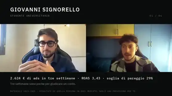 Giovanni Signorello in videochiamata, con la spesa pubblicitaria e il ritorno scritti sullo schermo